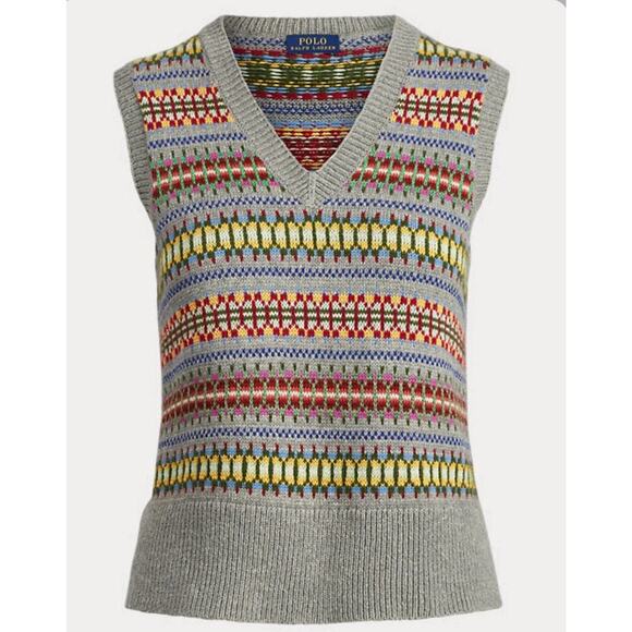 Polo Ralph Lauren Sweater Vest Fair Isle Cashmere Silk Top Coat Preppy Runway XS - Picture 5 of 13